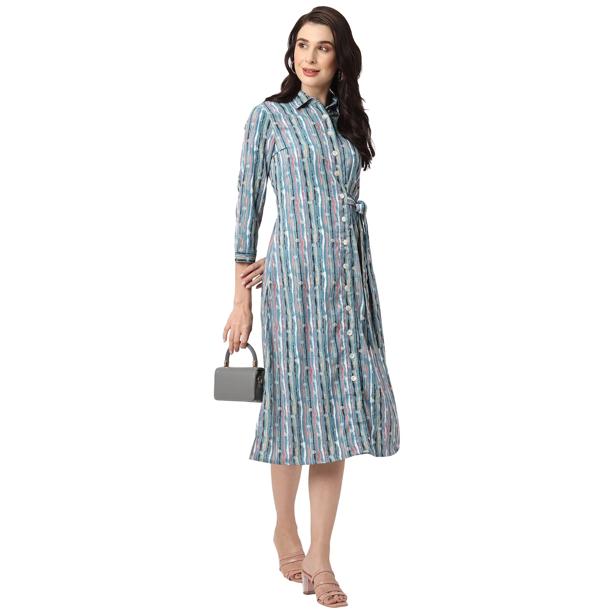 Stylish Blue Printed Women’s Midi Shirt Dress