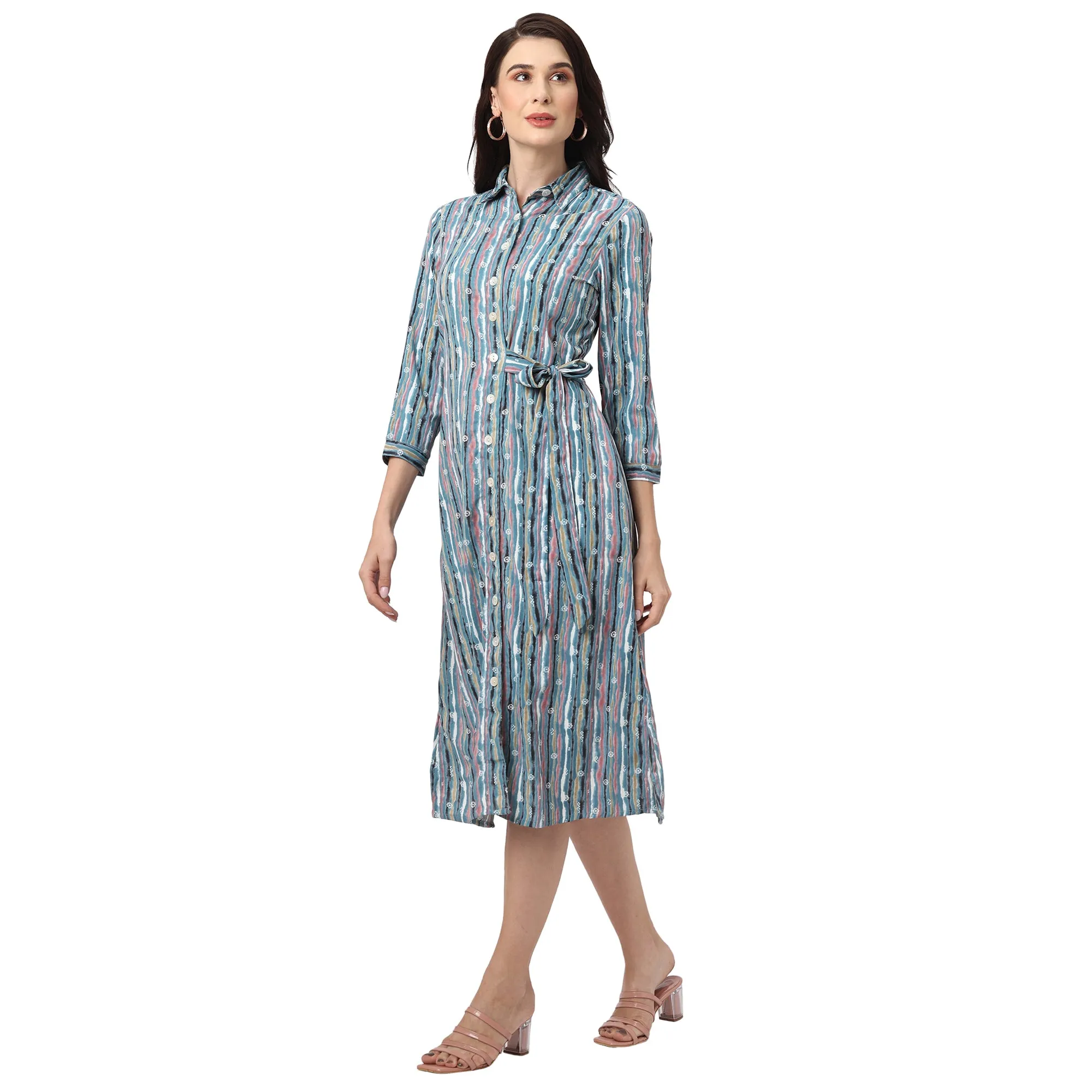 Stylish Blue Printed Women’s Midi Shirt Dress