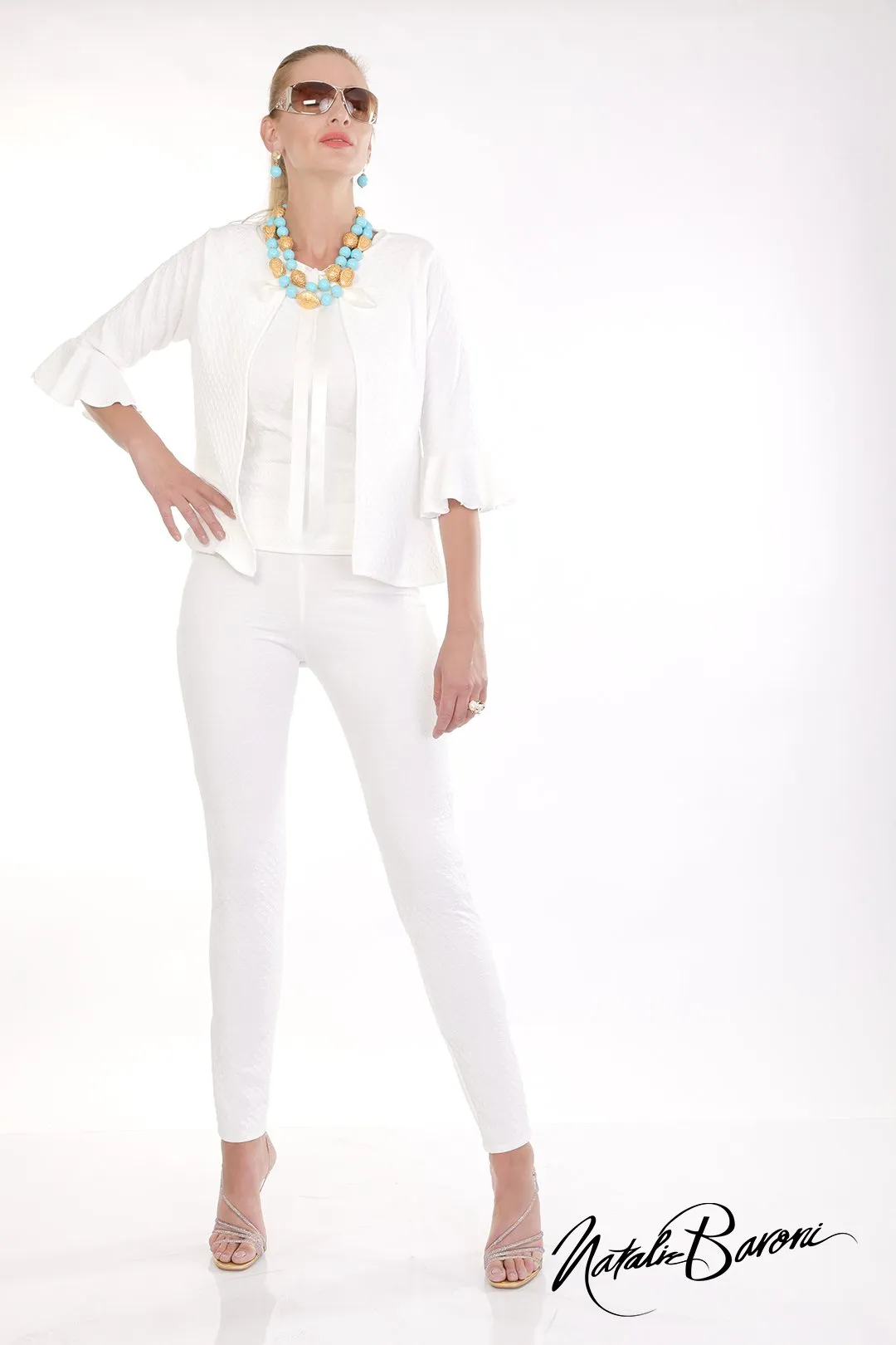 White Embossed Weave Leggings - San Remo