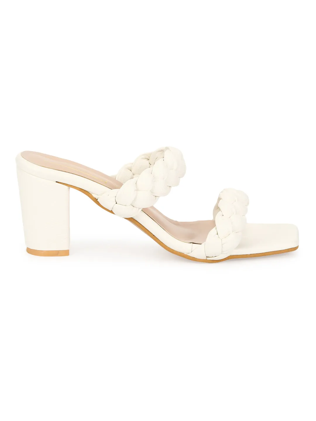 White PU Braided Block Heel Mules (SLC-B-31)