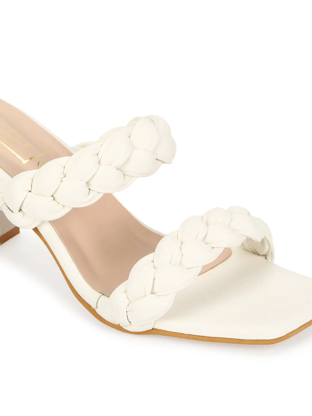 White PU Braided Block Heel Mules (SLC-B-31)