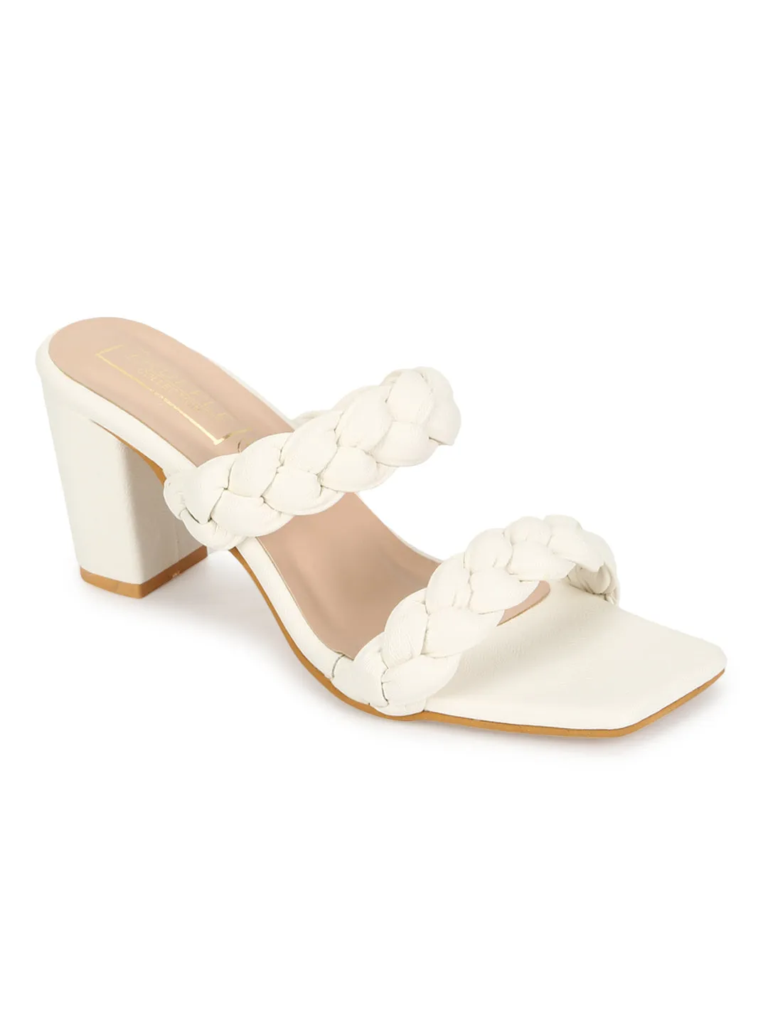 White PU Braided Block Heel Mules (SLC-B-31)