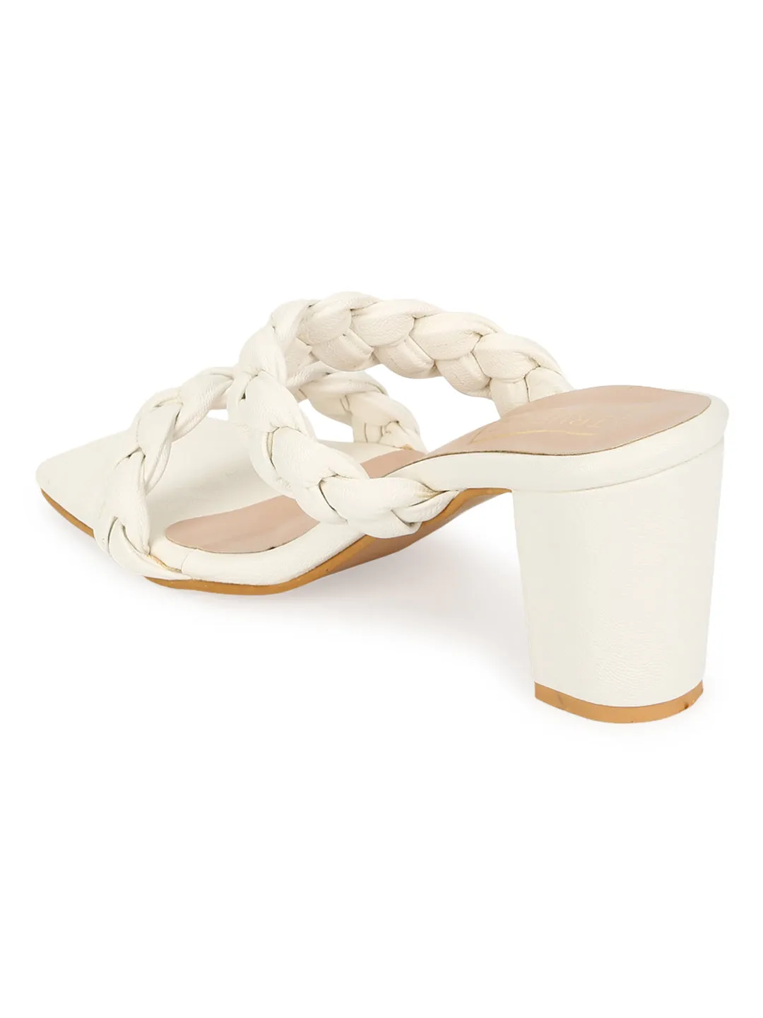 White PU Braided Block Heel Mules (SLC-B-31)