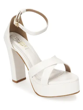 White PU Crossover High Block Heels (TC-SLC-B50-WHT)