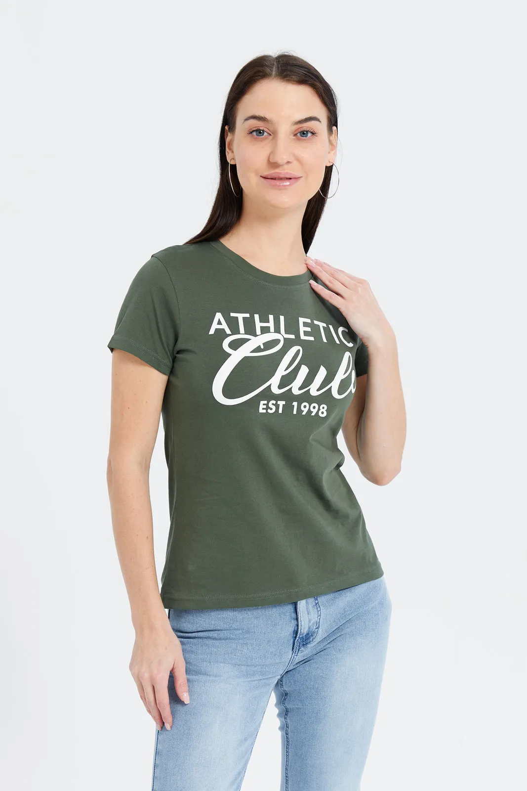 Women Olive Athletic Printed T-Shirt