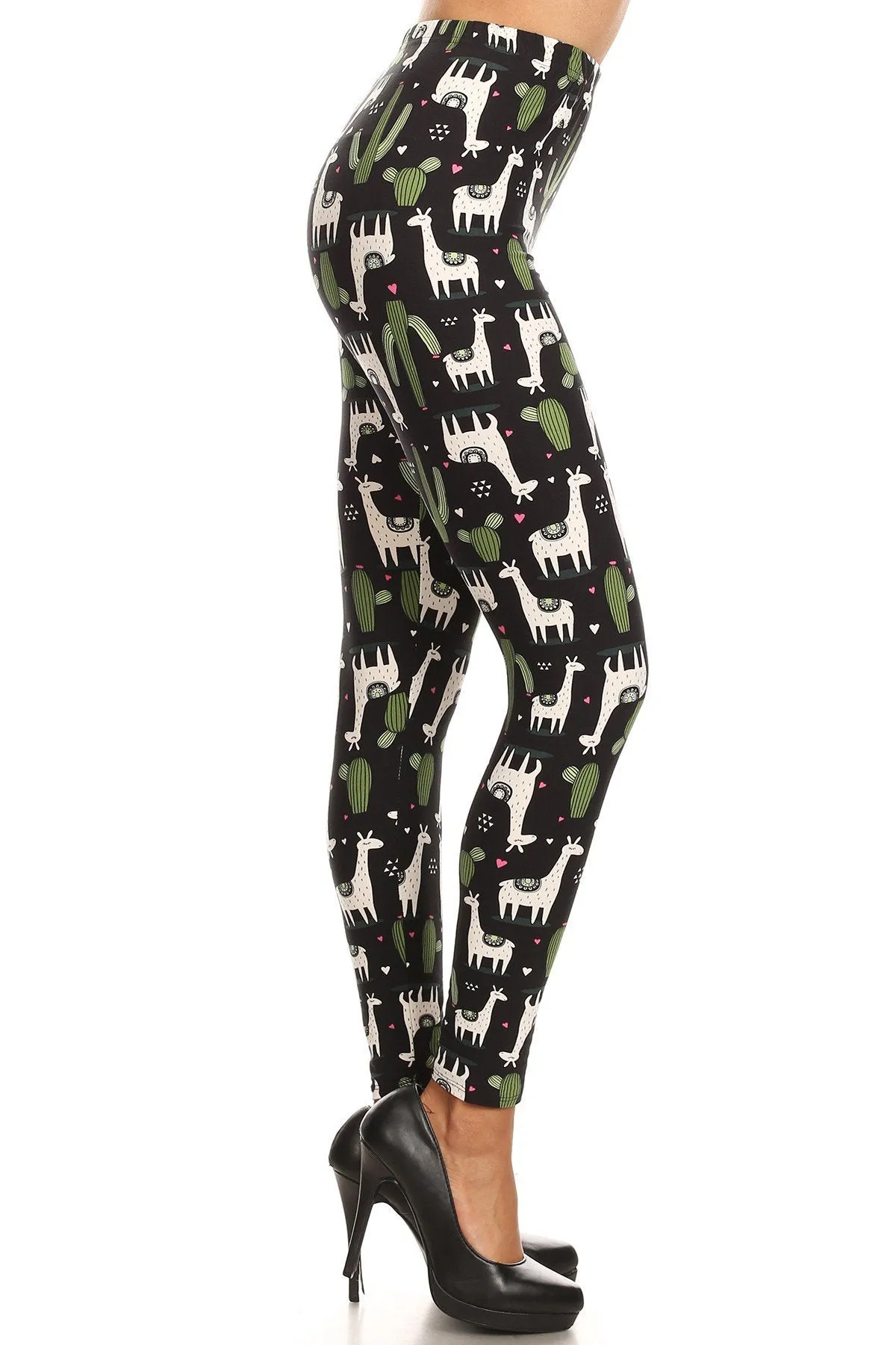 Women's 3X 5X White Giraffe Green Cactus Pattern Printed Leggings