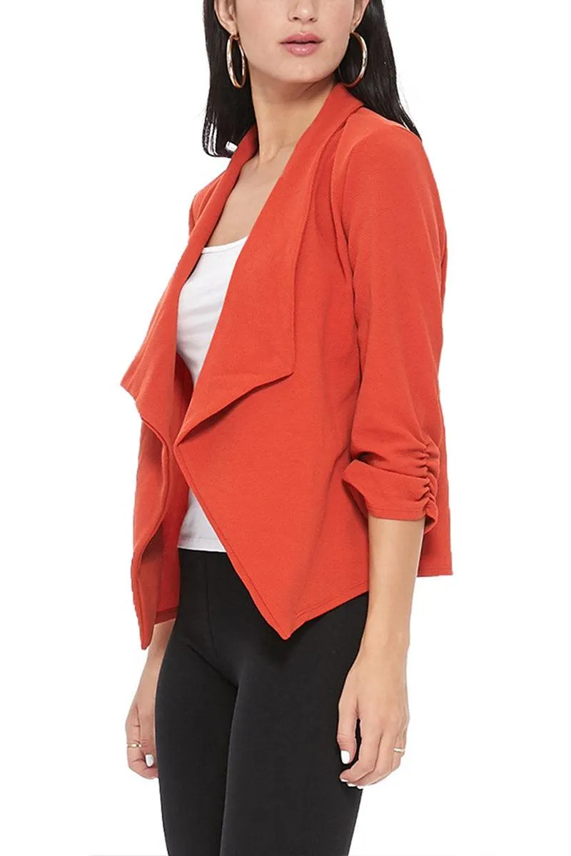 Women's Casual Open Front 3/4 Sleeve Slim Fit Draped Solid Blazer Jacket