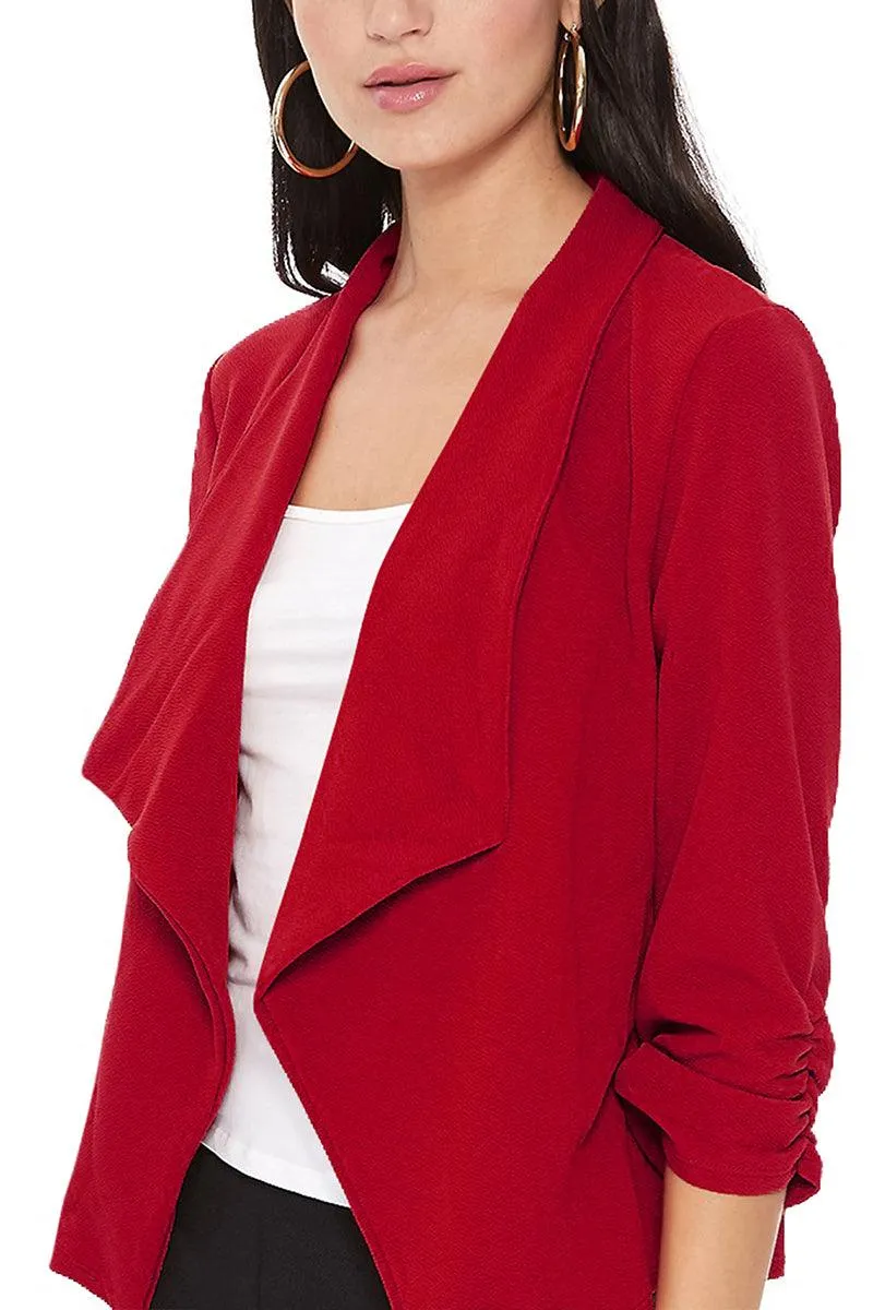 Women's Casual Open Front 3/4 Sleeve Slim Fit Draped Solid Blazer Jacket