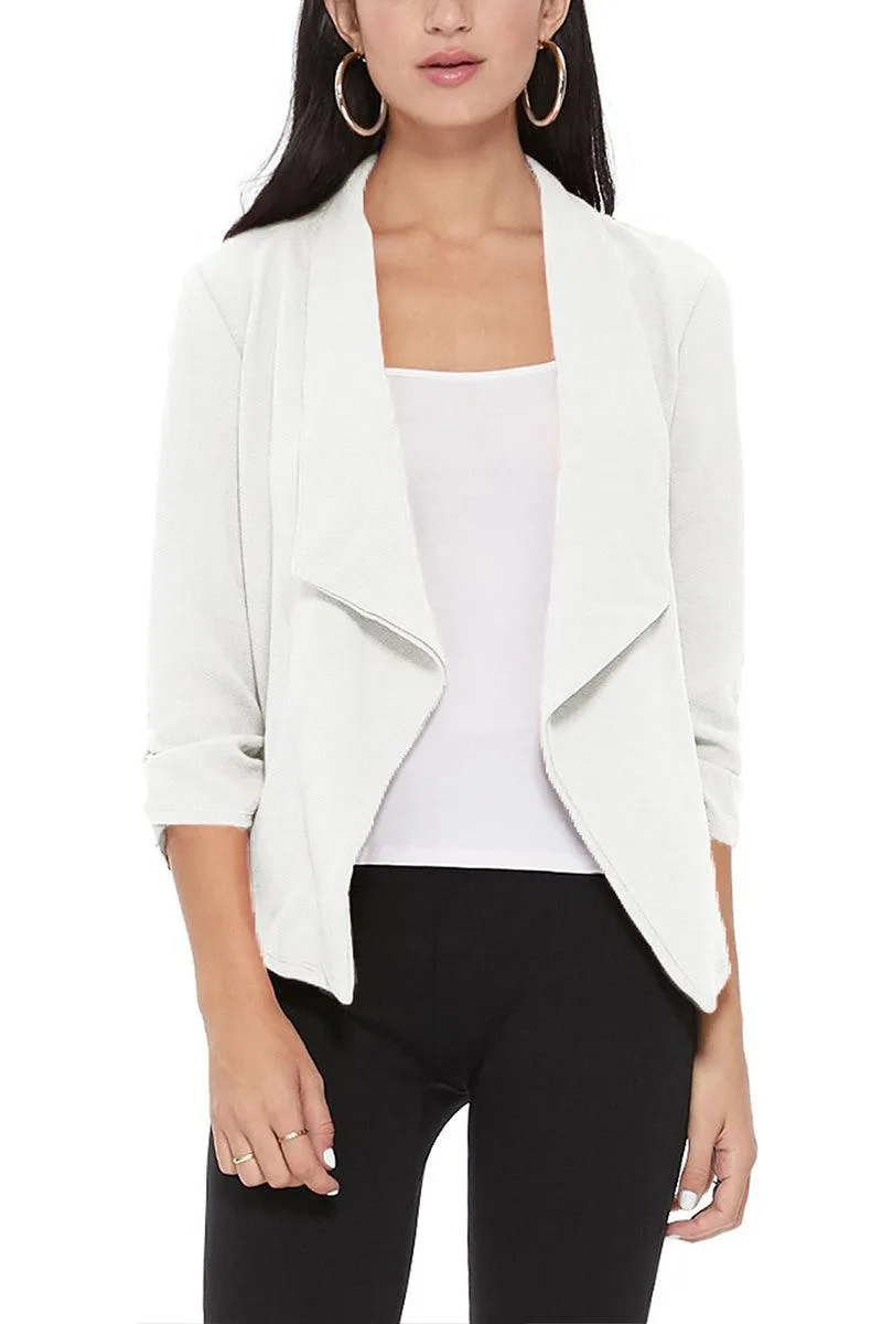 Women's Casual Open Front 3/4 Sleeve Slim Fit Draped Solid Blazer Jacket