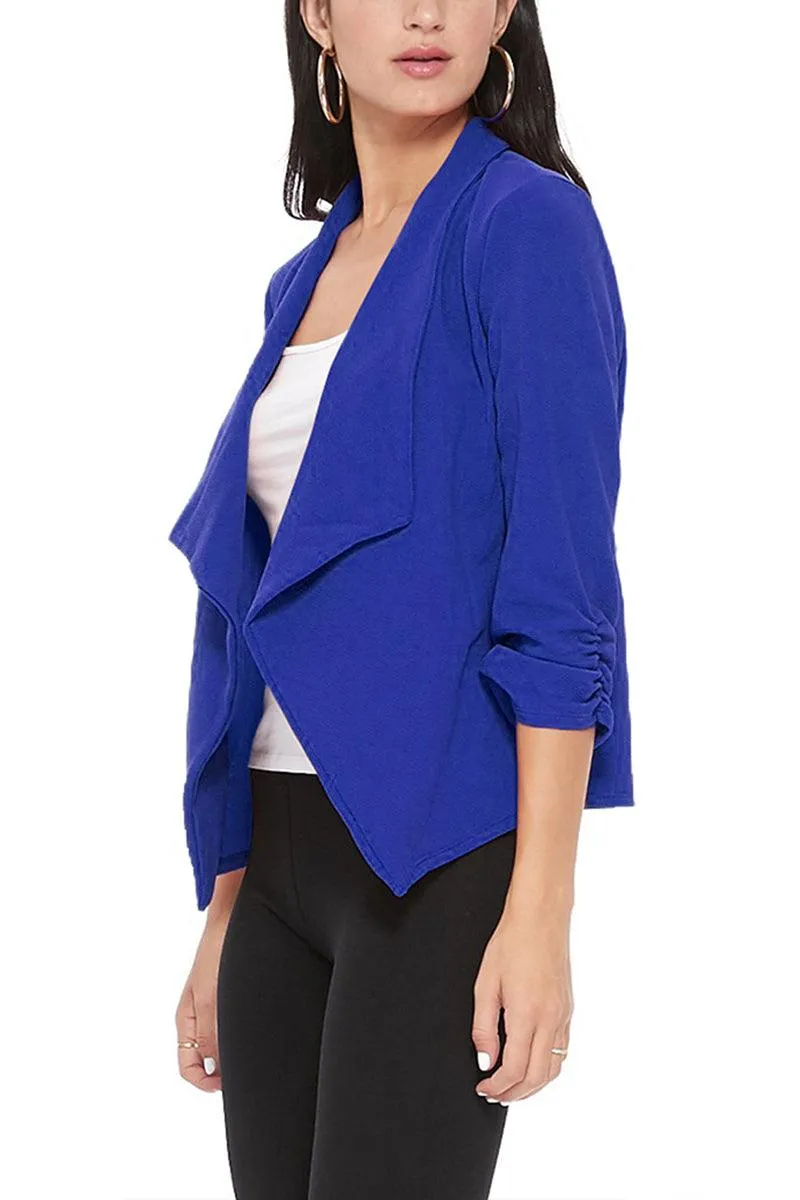 Women's Casual Open Front 3/4 Sleeve Slim Fit Draped Solid Blazer Jacket