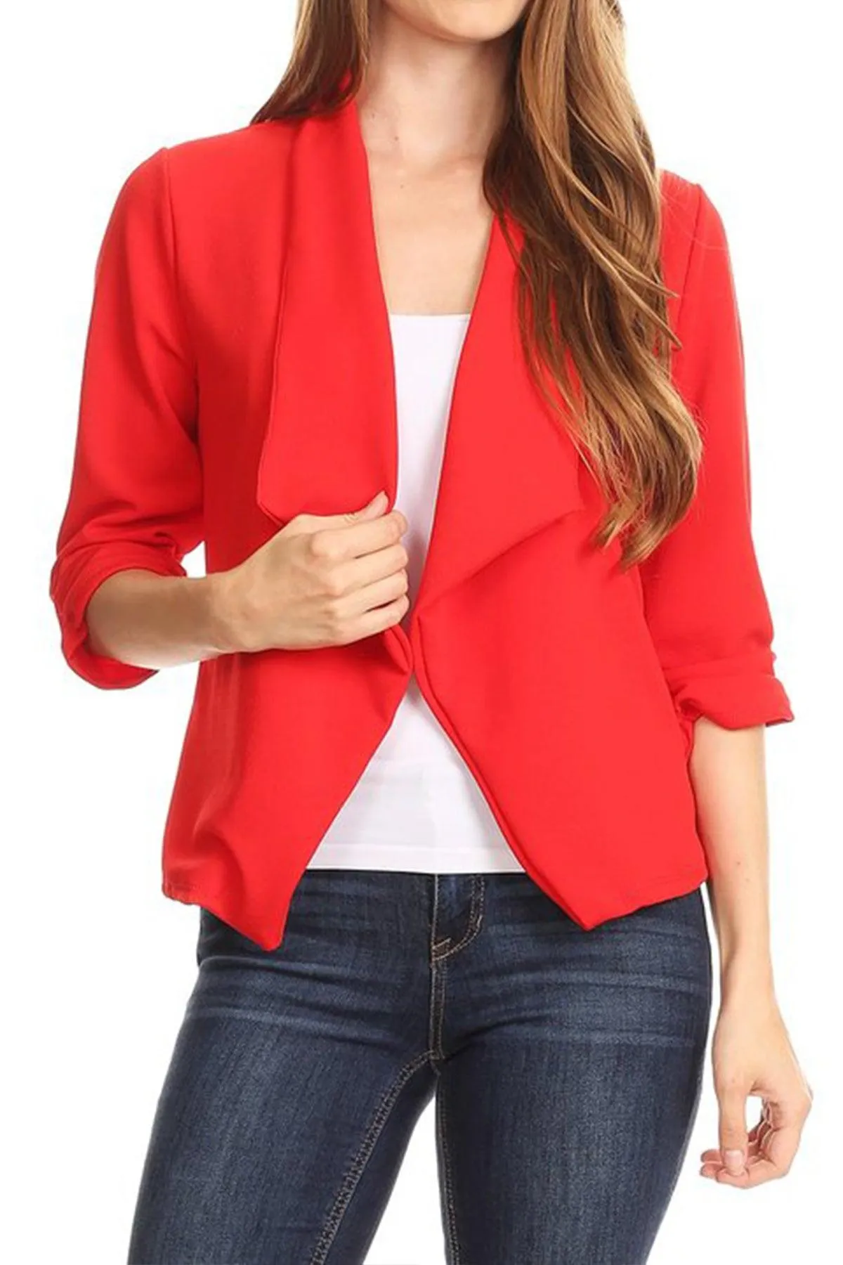 Women's Casual Open Front 3/4 Sleeve Slim Fit Draped Solid Blazer Jacket