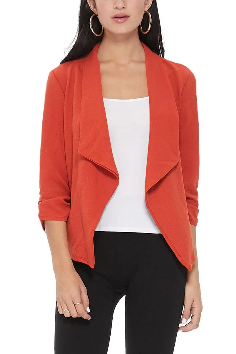 Women's Casual Open Front 3/4 Sleeve Slim Fit Draped Solid Blazer Jacket