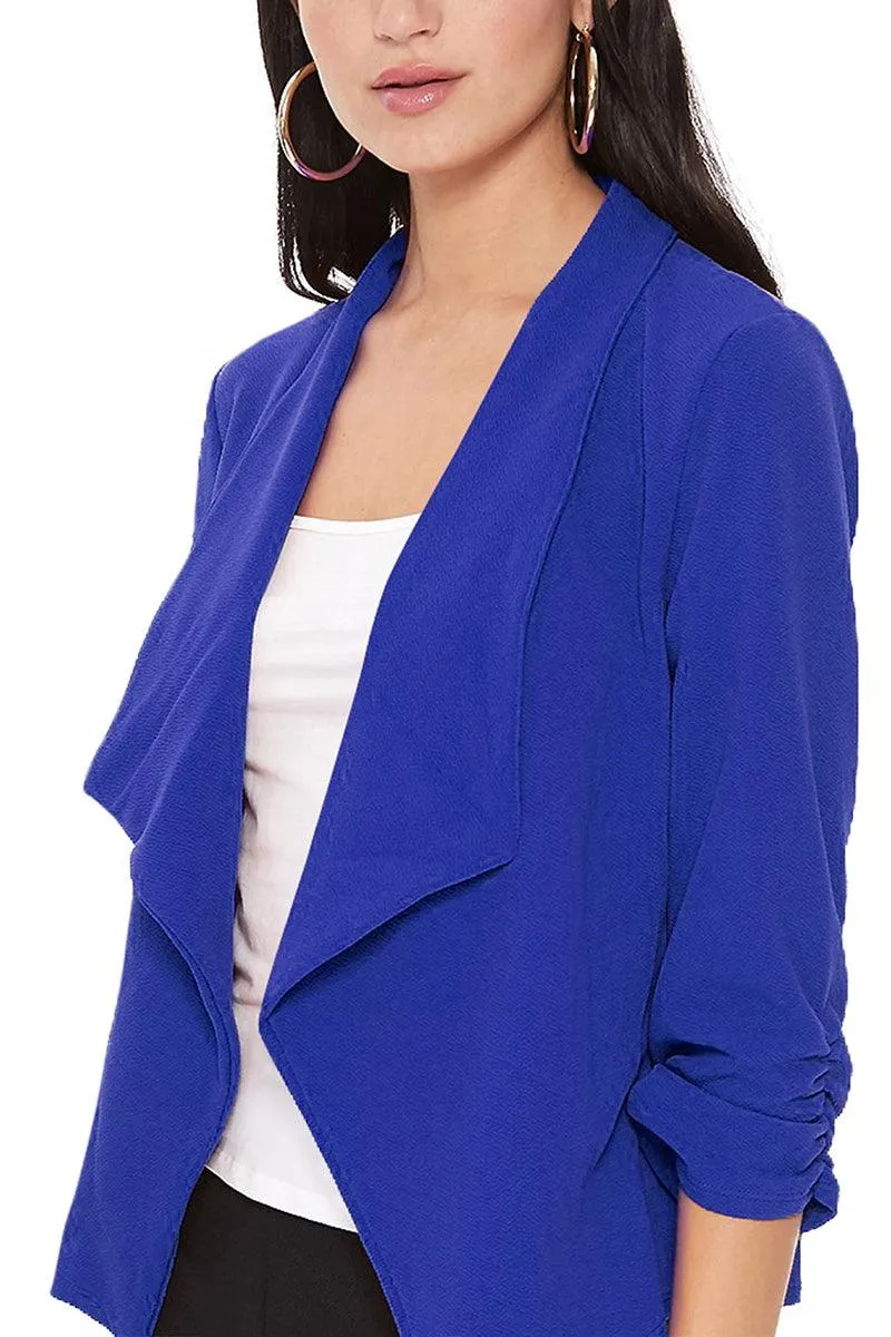 Women's Casual Open Front 3/4 Sleeve Slim Fit Draped Solid Blazer Jacket